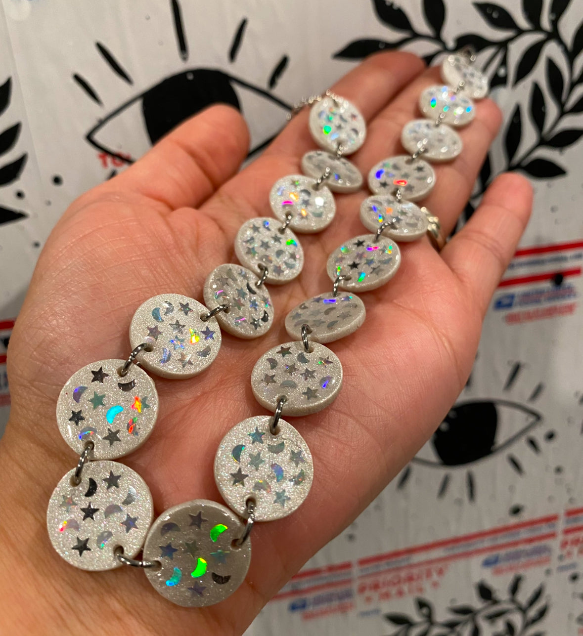 Starlight White Polymer Clay Choker with Stars & Moons Handmade