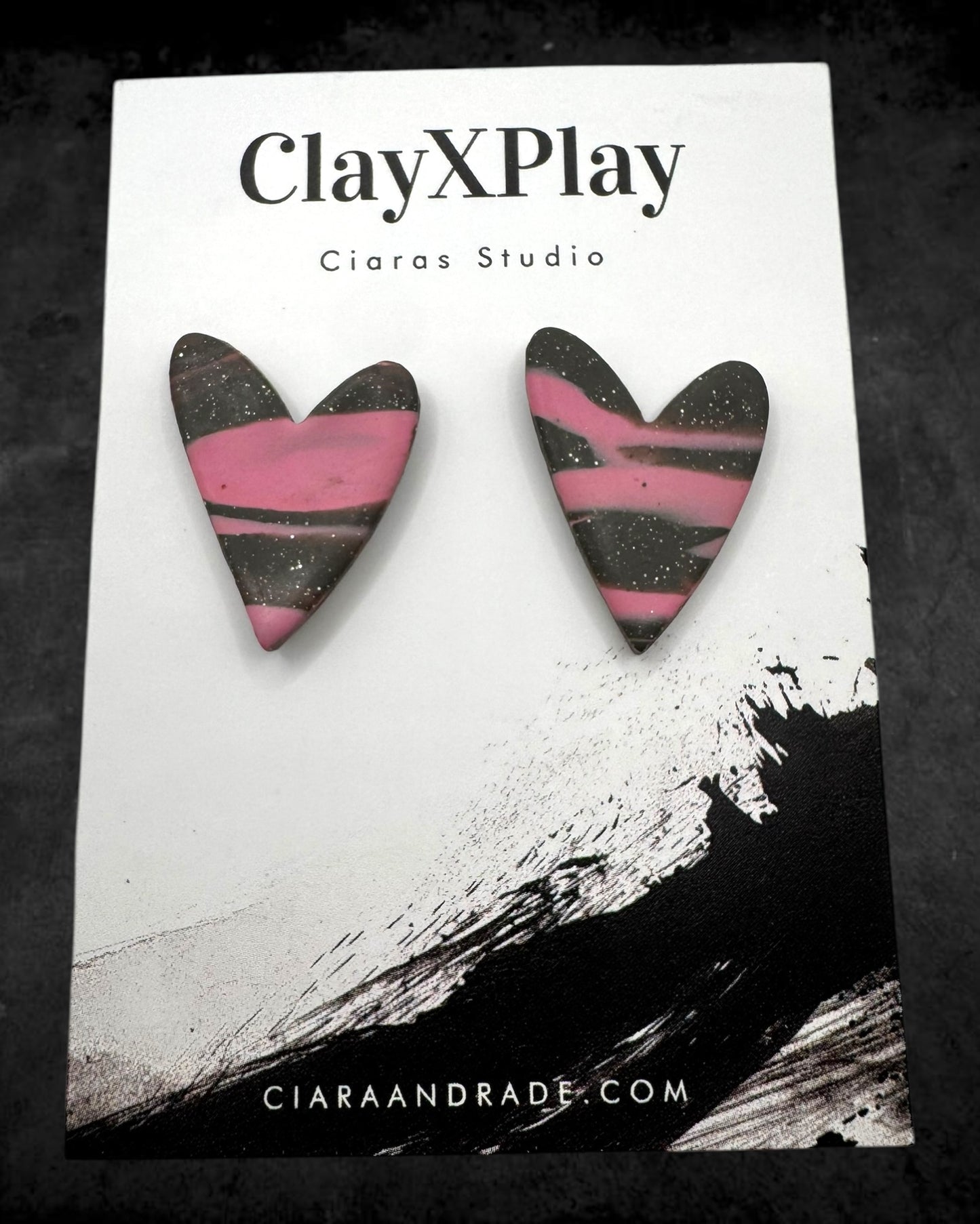 Pink & Gray Marbled Heart Handmade Polymer Clay Stud Earrings