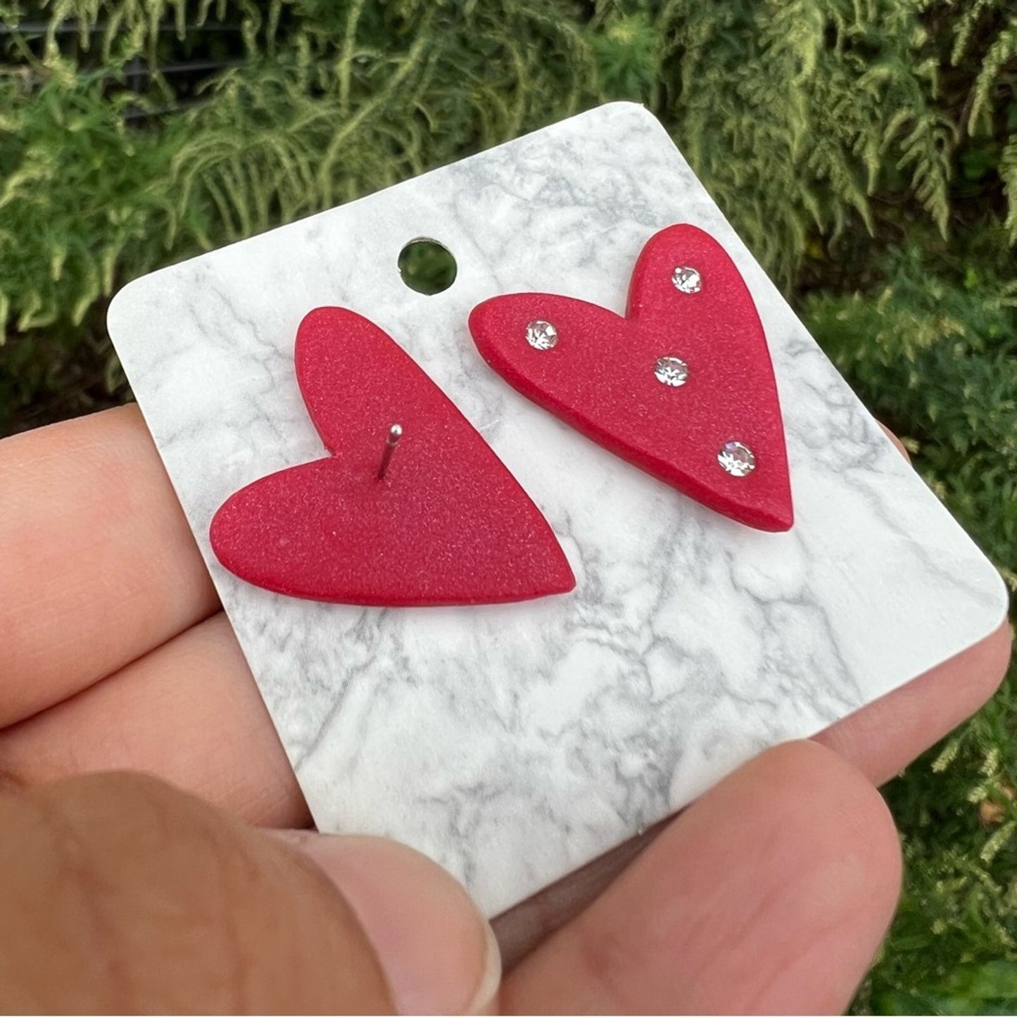 Red Diamond Medium Polymer Clay Heart Stud Earrings Handmade