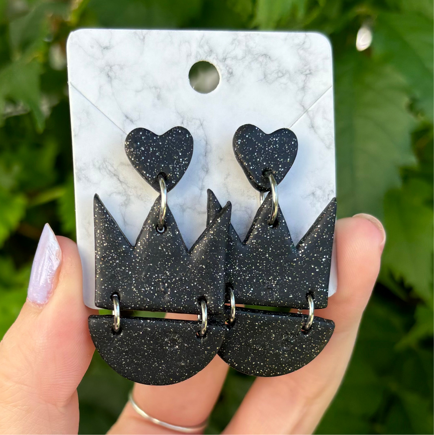 Queen of Heart XL Black Polymer Clay Dangle Earrings Handmade