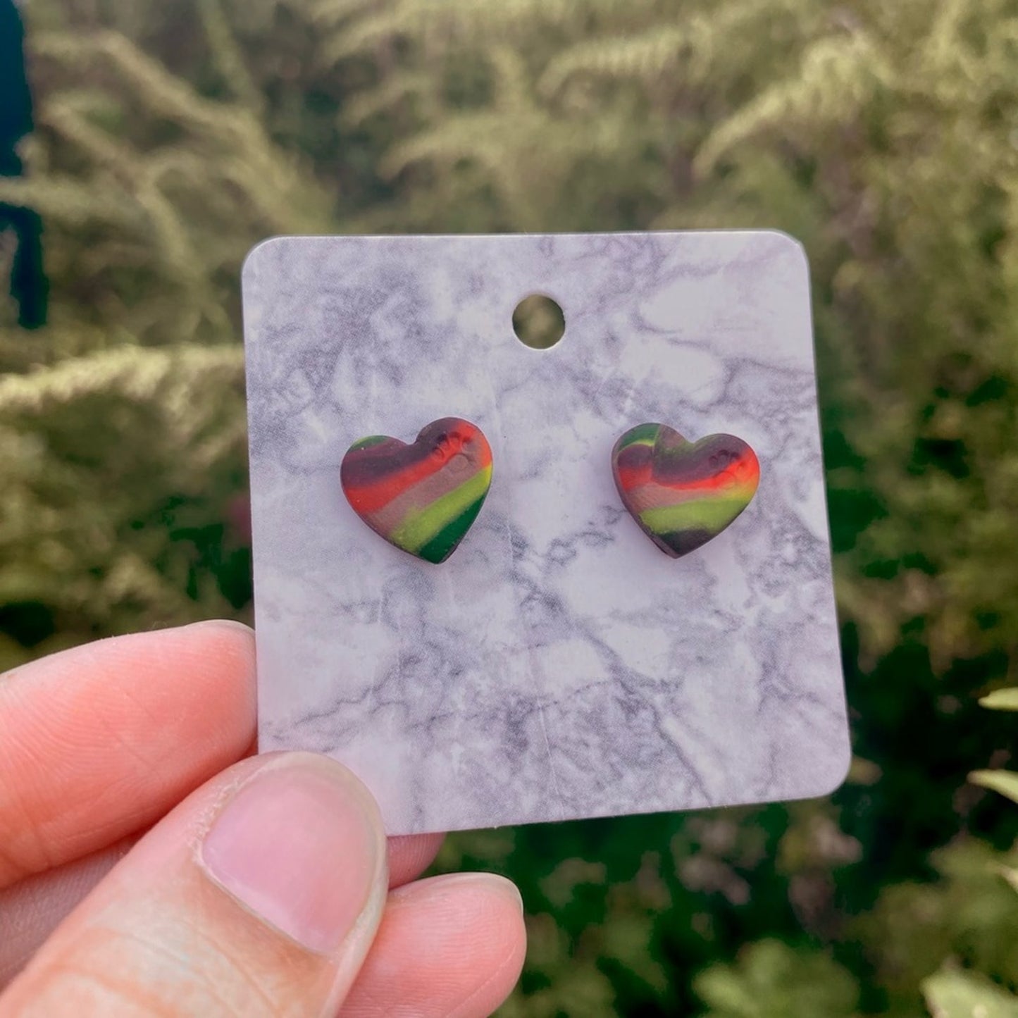 Rainbow Small Polymer Clay Heart Stud Paw Print  Earrings Handmade