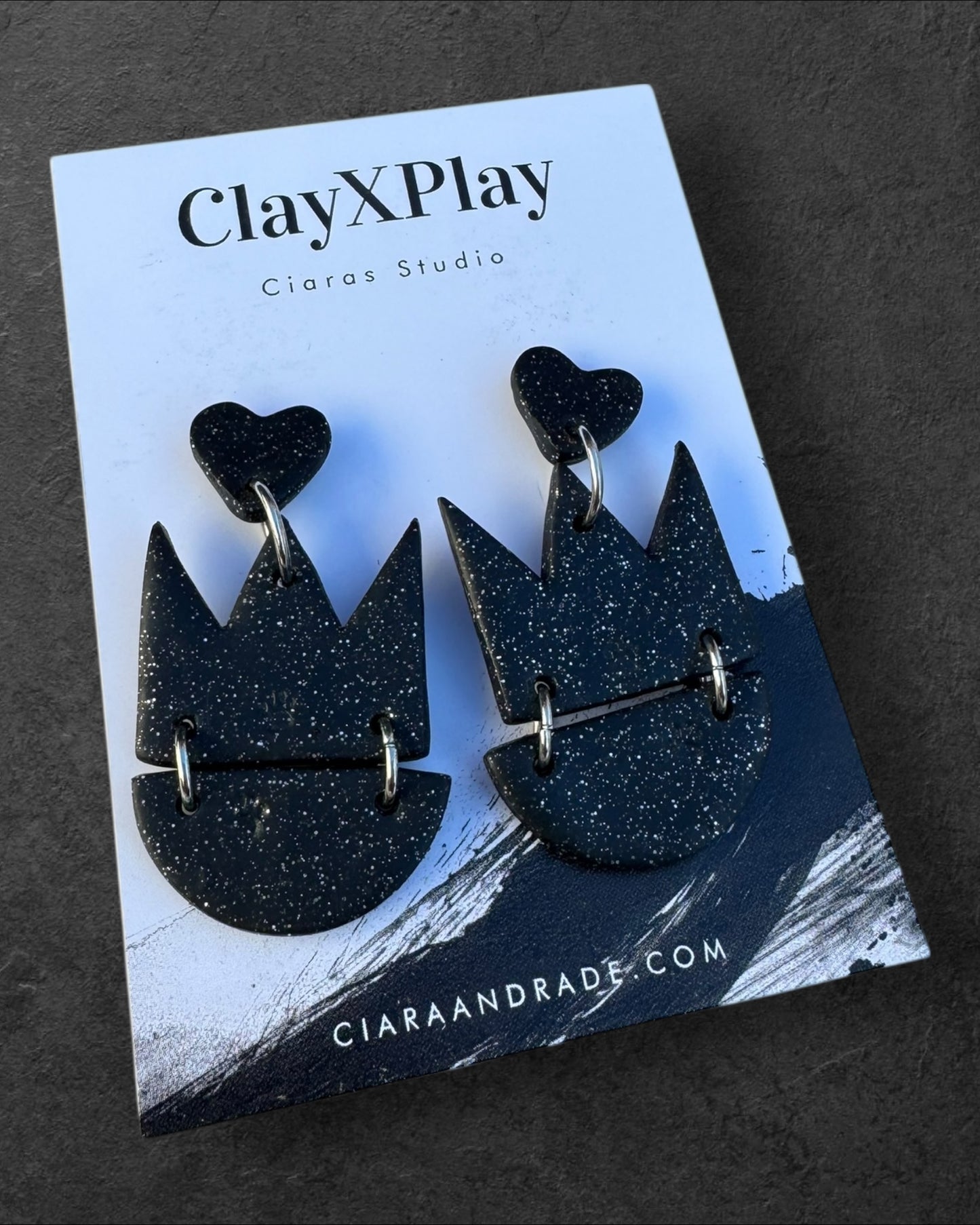 Queen of Heart XL Black Polymer Clay Dangle Earrings Handmade