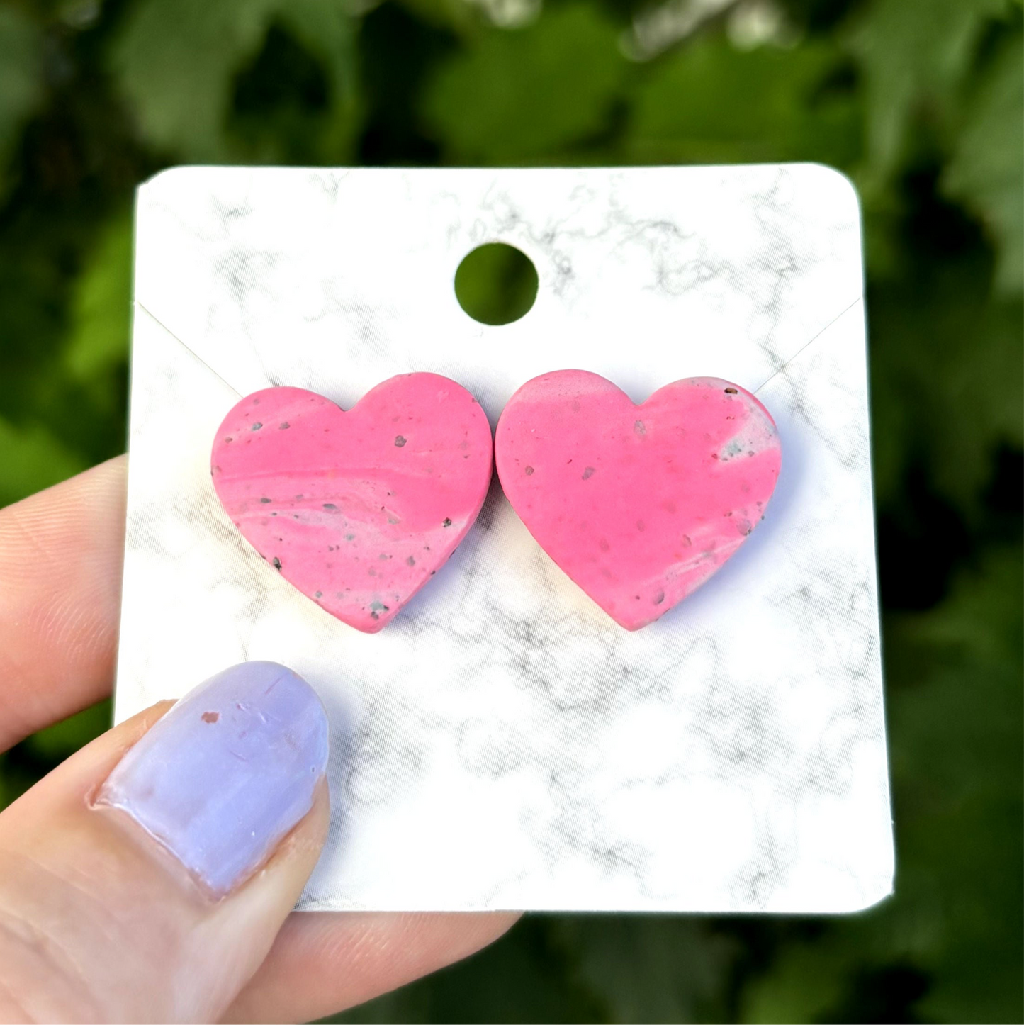 Pink & Gray Medium Polymer Clay Heart Studs Handmade