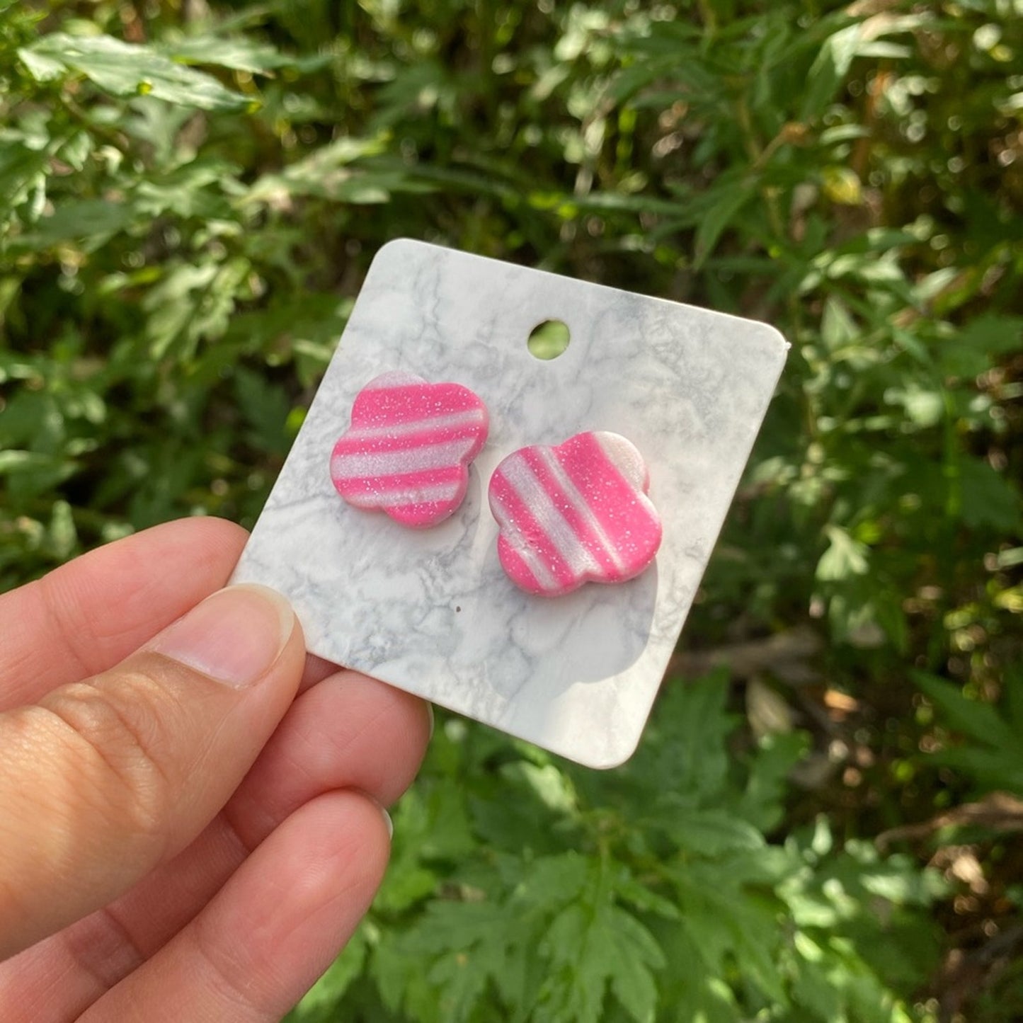 Pink‎ and White Striped Flower Polymer Clay Stud Earrings Handmade Handcrafted
