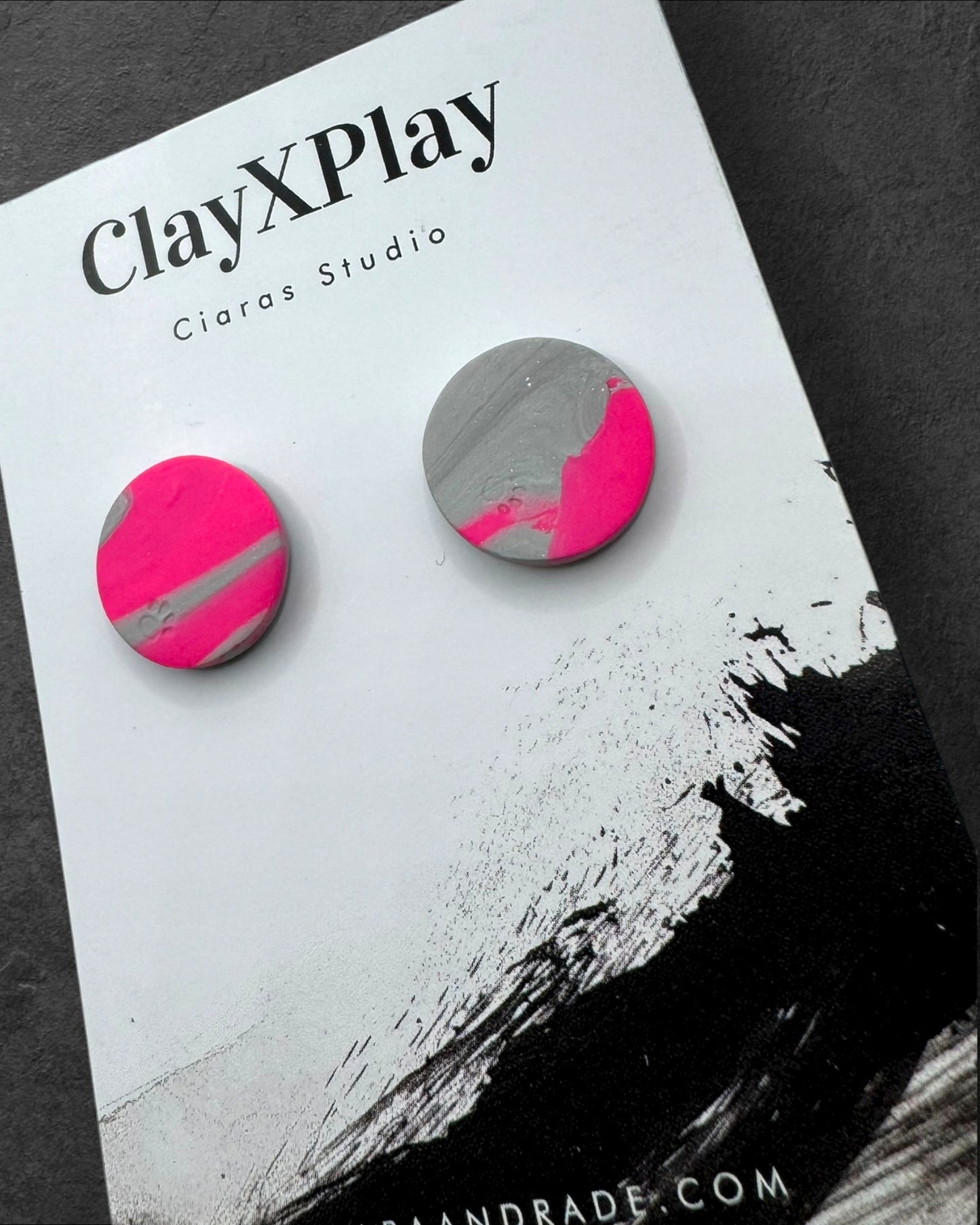 Pink & Gray Round Handmade Polymer Clay Stud Earrings