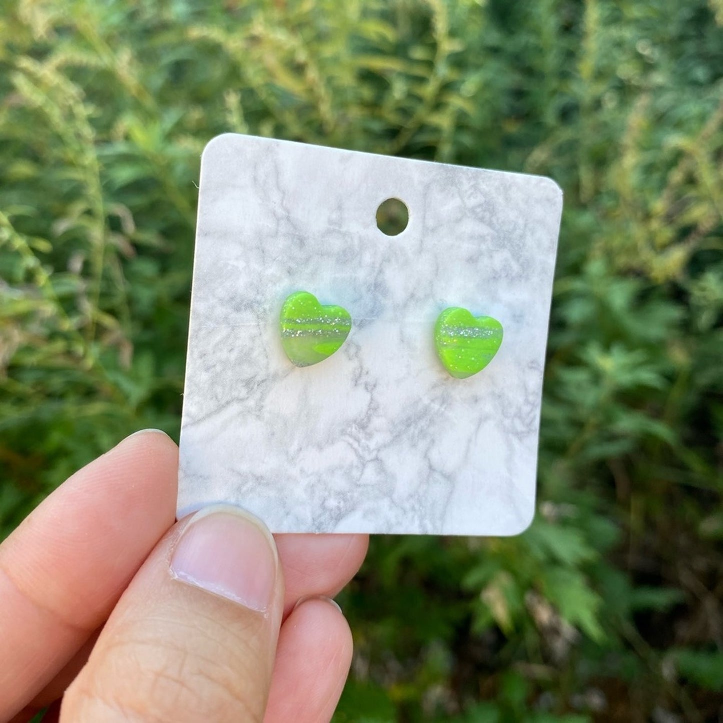 Mini Green & Silver Polymer Clay Heart Studs