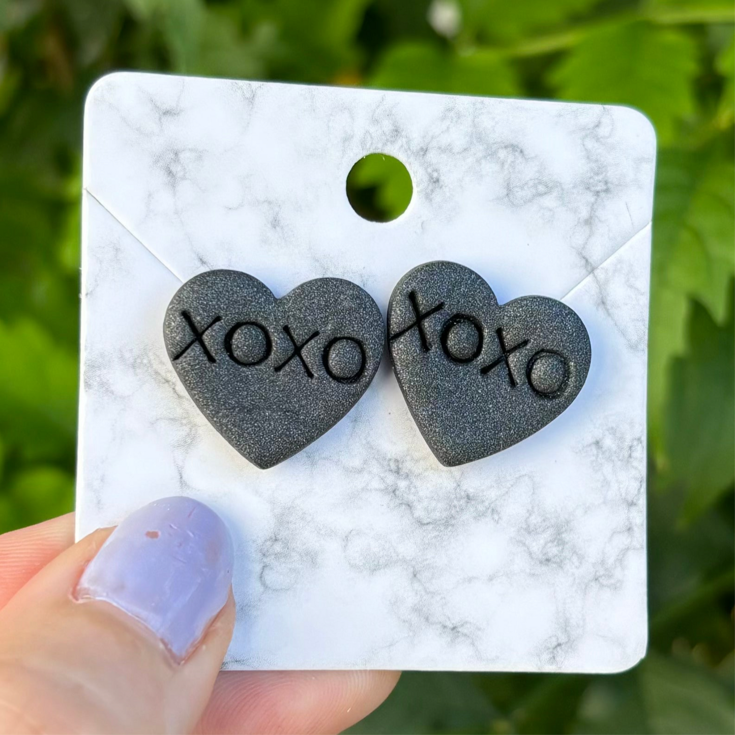 Conversation Heart XOXO Valentine’s Day, Medium Black Polymer Clay Stud Earrings Handmade