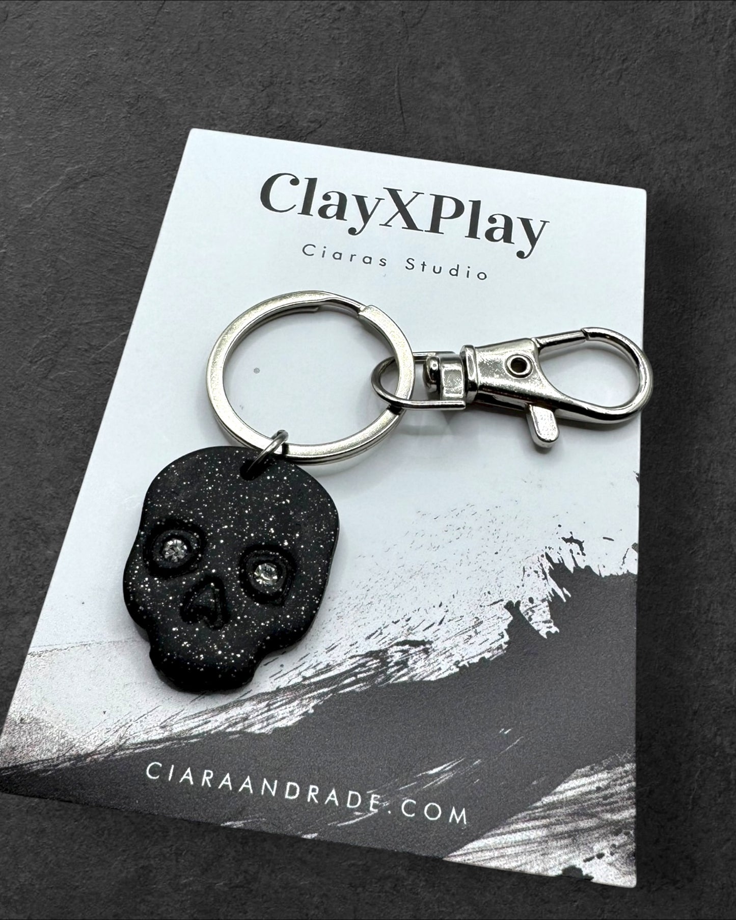 Diamond Eyes Skull Black Polymer Clay Keychain Handmade
