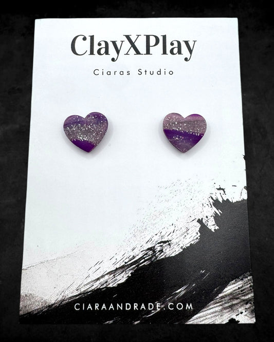 Purple & Silver Small Heart Polymer Clay Stud Earrings Handmade