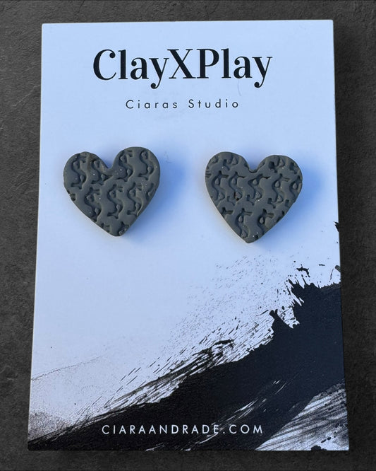 Money Magic Gray Medium Polymer Clay Heart Stud Earrings Handmade