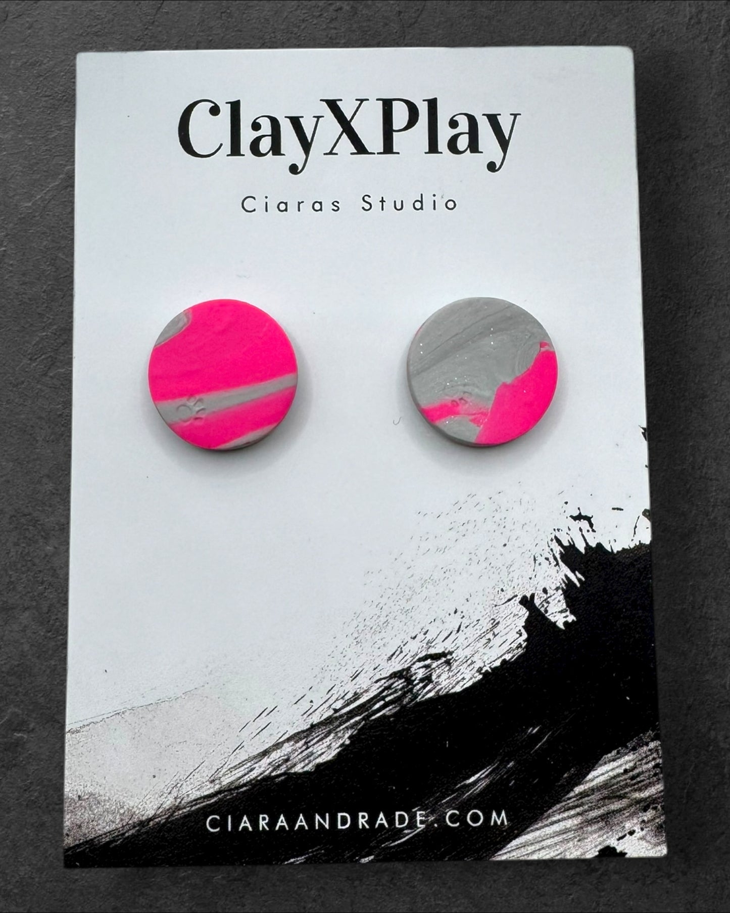 Pink & Gray Round Handmade Polymer Clay Stud Earrings