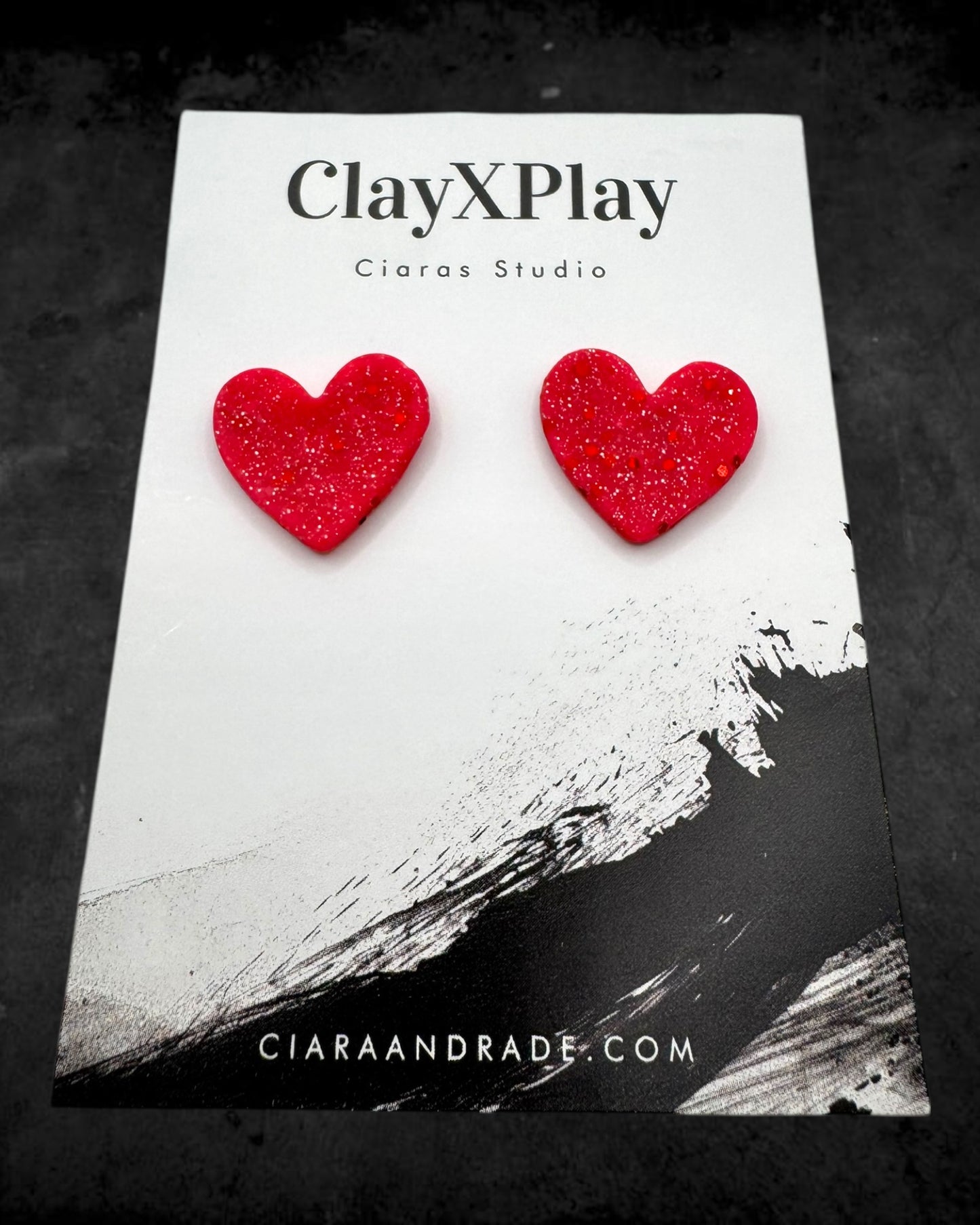 Pink & Red Glitter Medium Polymer Clay Heart Studs Handmade