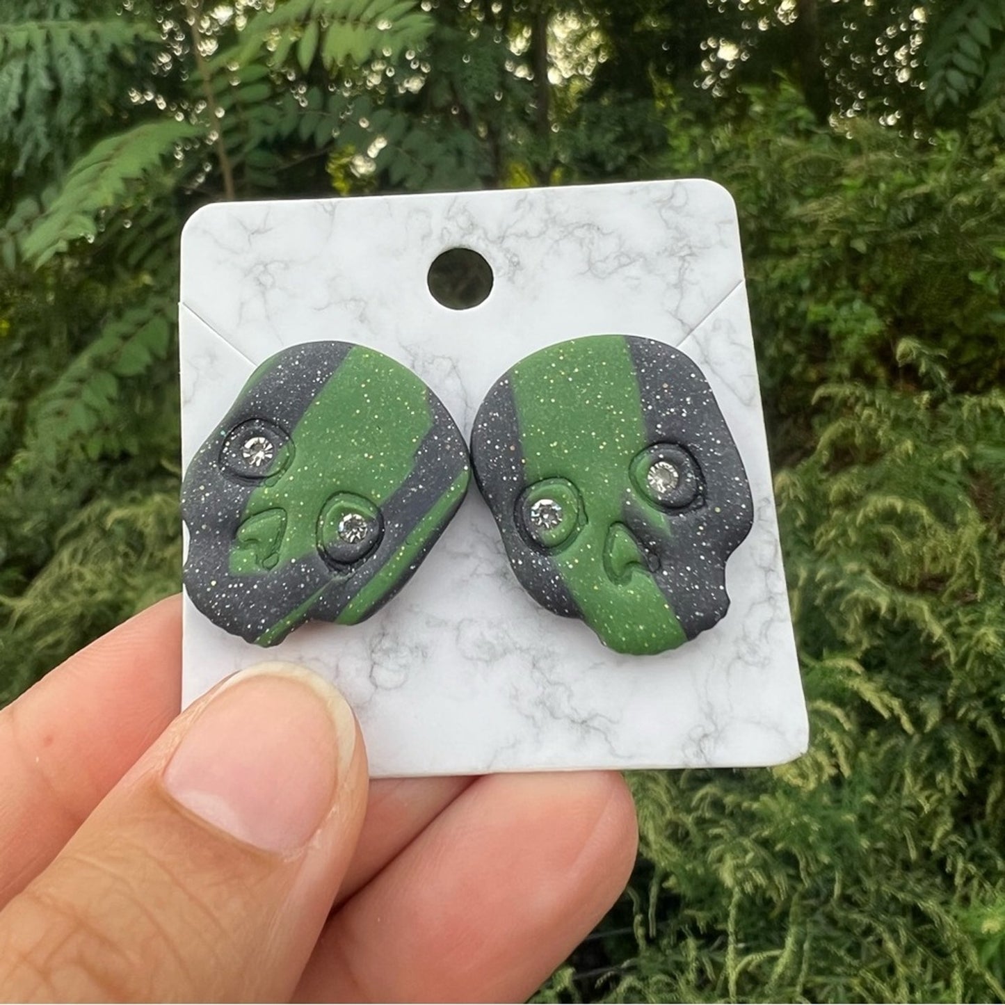 Diamond Eye Skull Black & Green Marbled XL Polymer Clay Stud Earrings Handmade