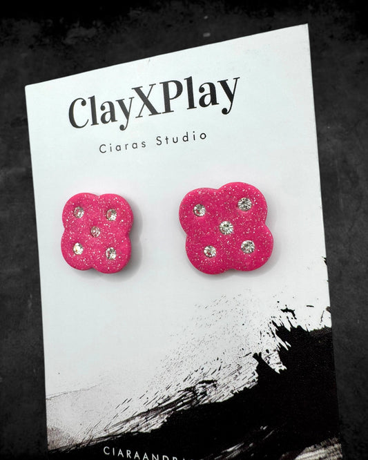 Pink‎ and White Diamond Flower Polymer Clay Stud Earrings Handmade