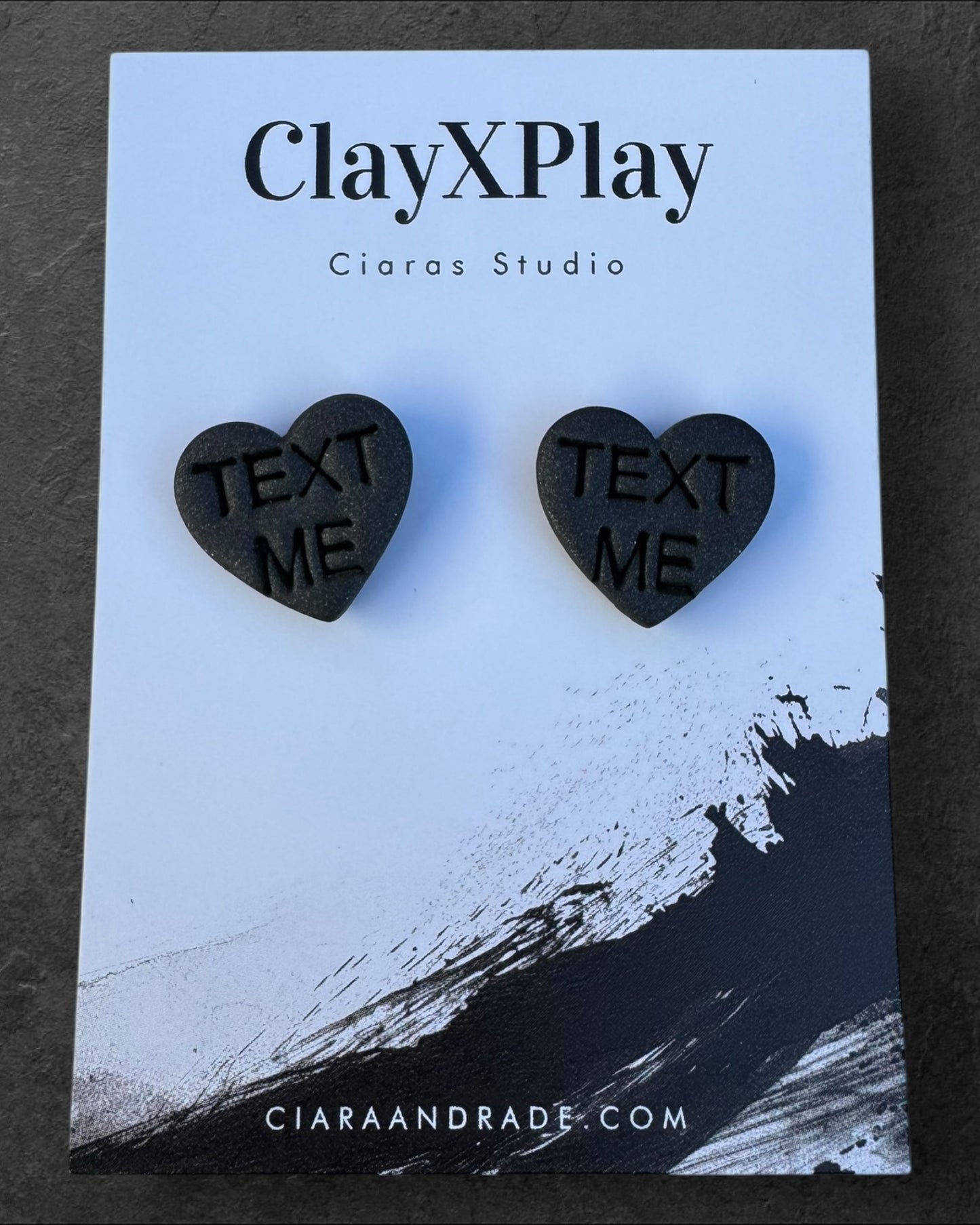 Conversation Heart TEXT ME Valentines Day Medium Black Polymer Clay Heart Stud Earrings – Handmade
