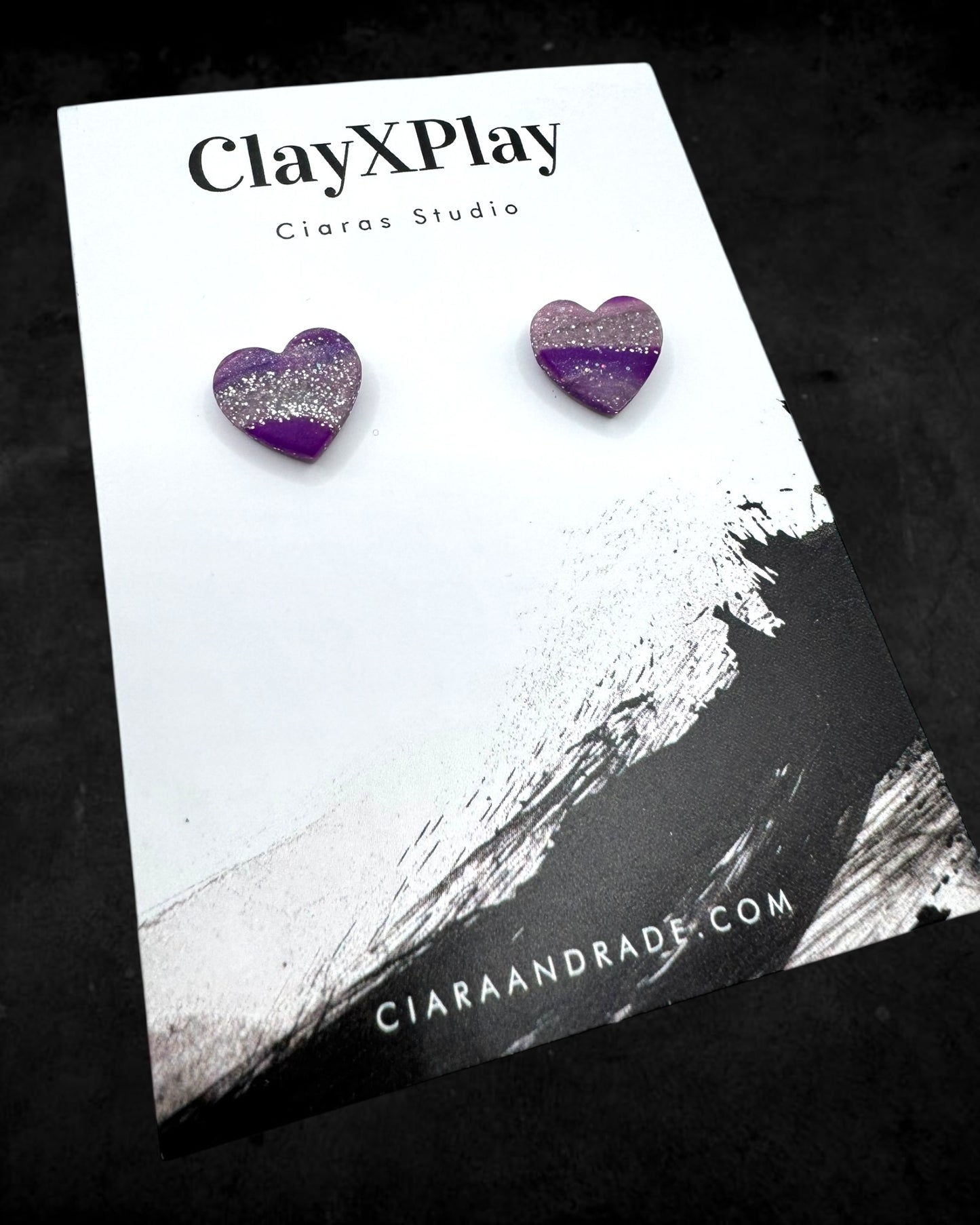 Purple & Silver Small Heart Polymer Clay Stud Earrings Handmade