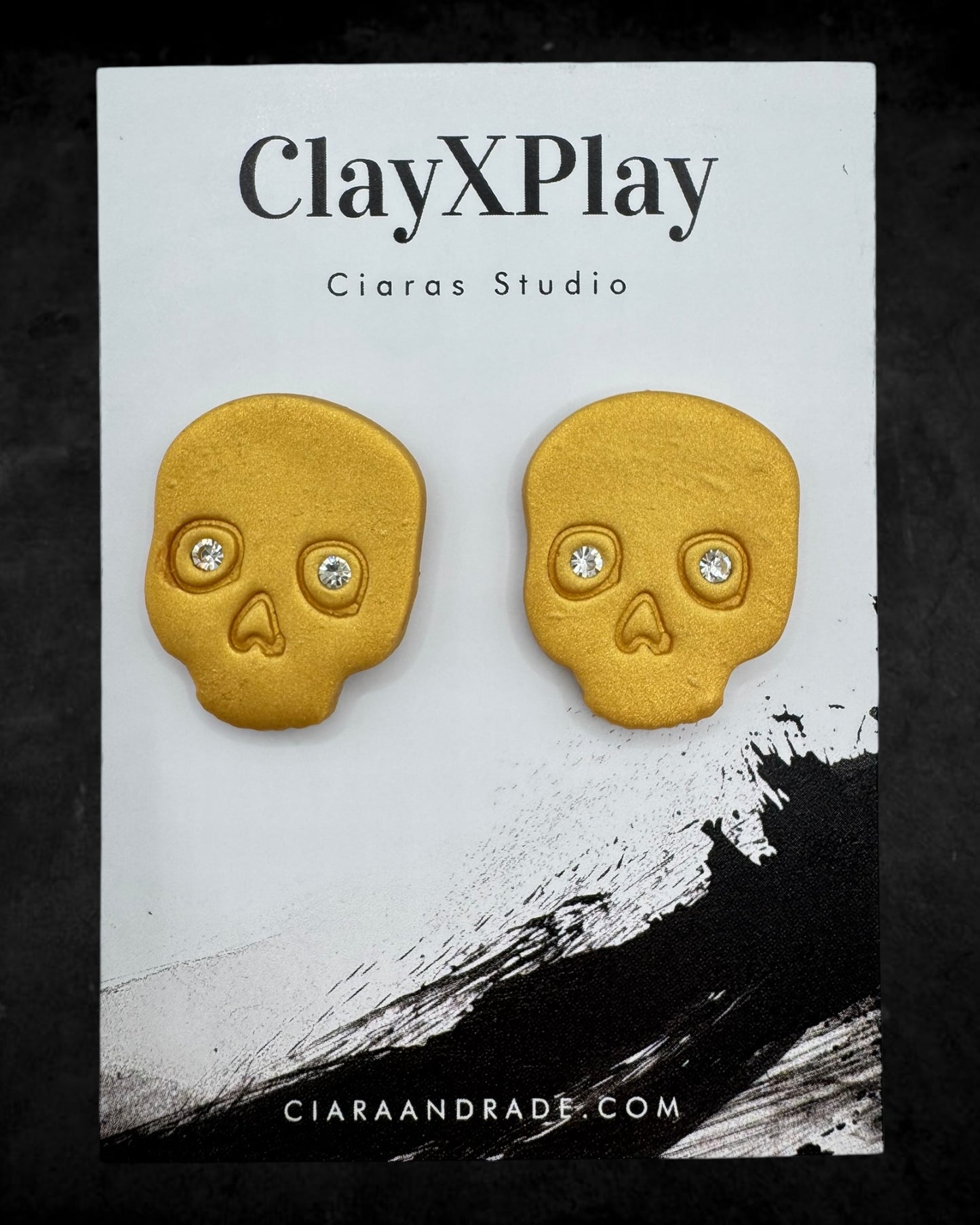 Diamond Eye Skull Gold XL Polymer Clay Stud Earrings Handmade