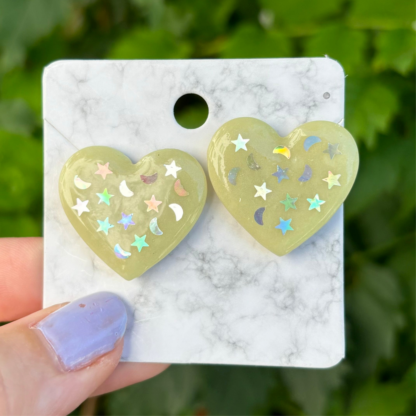 Starry Night Heart Yellow Polymer XL Clay Stud Earrings