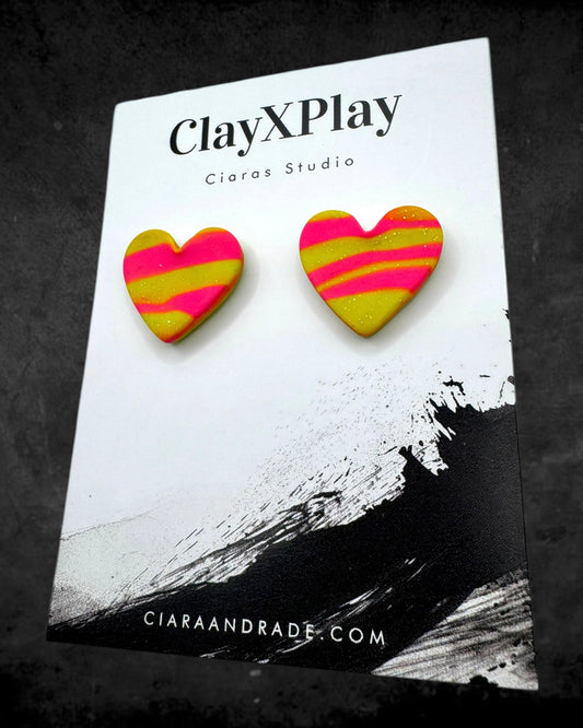 Pink & Yellow Medium Polymer Clay Heart Studs Handmade