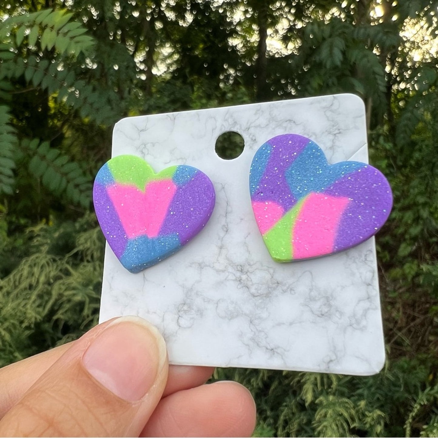 Multi Color‎ Purple Green Blue XL Heart Clay Stud Earrings Handmade Handcrafted