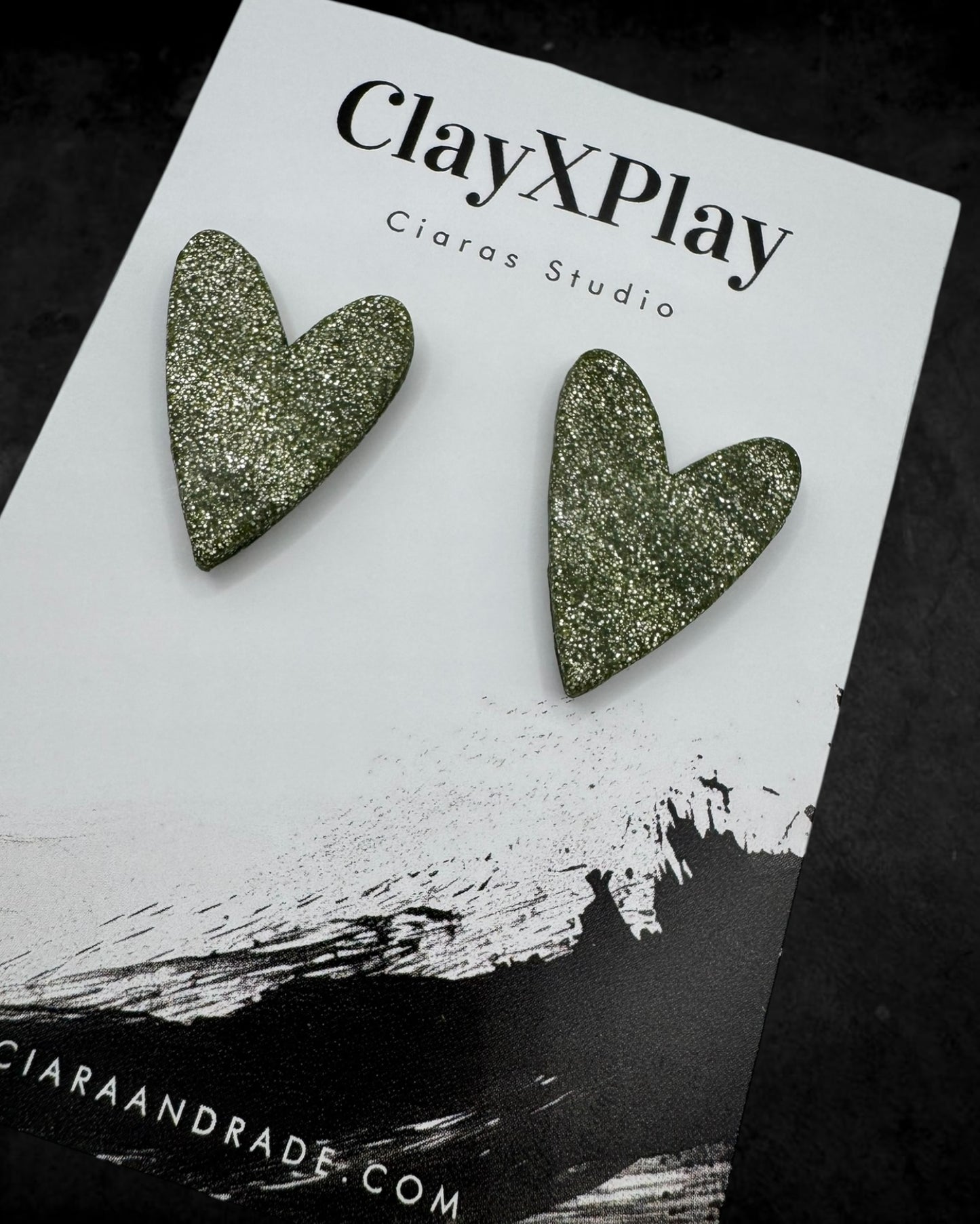 Green Glitter Large Green Polymer Clay Heart Stud Earrings Handmade