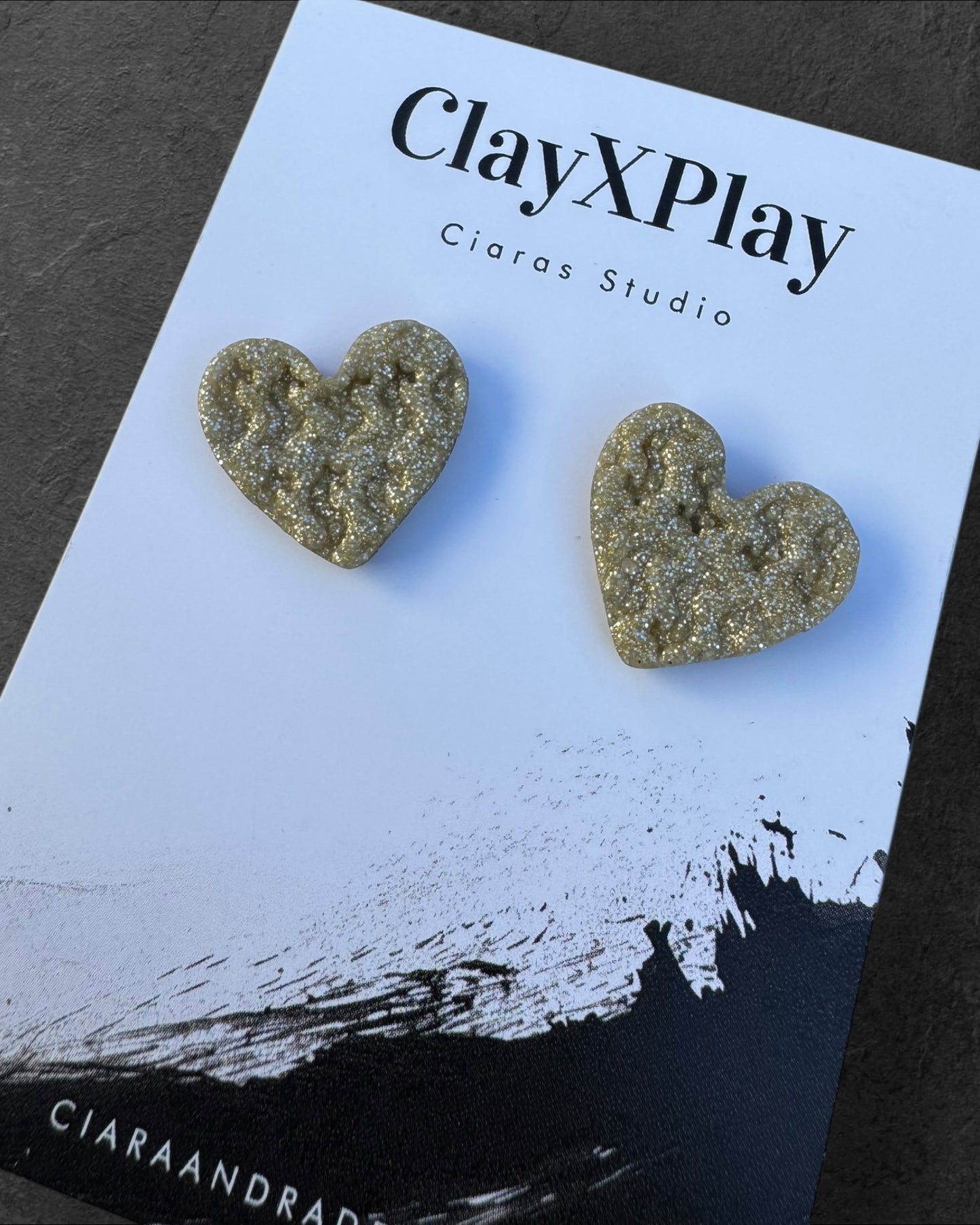 Money Magic Medium Gold Polymer Clay Heart Stud Earrings  Handmade