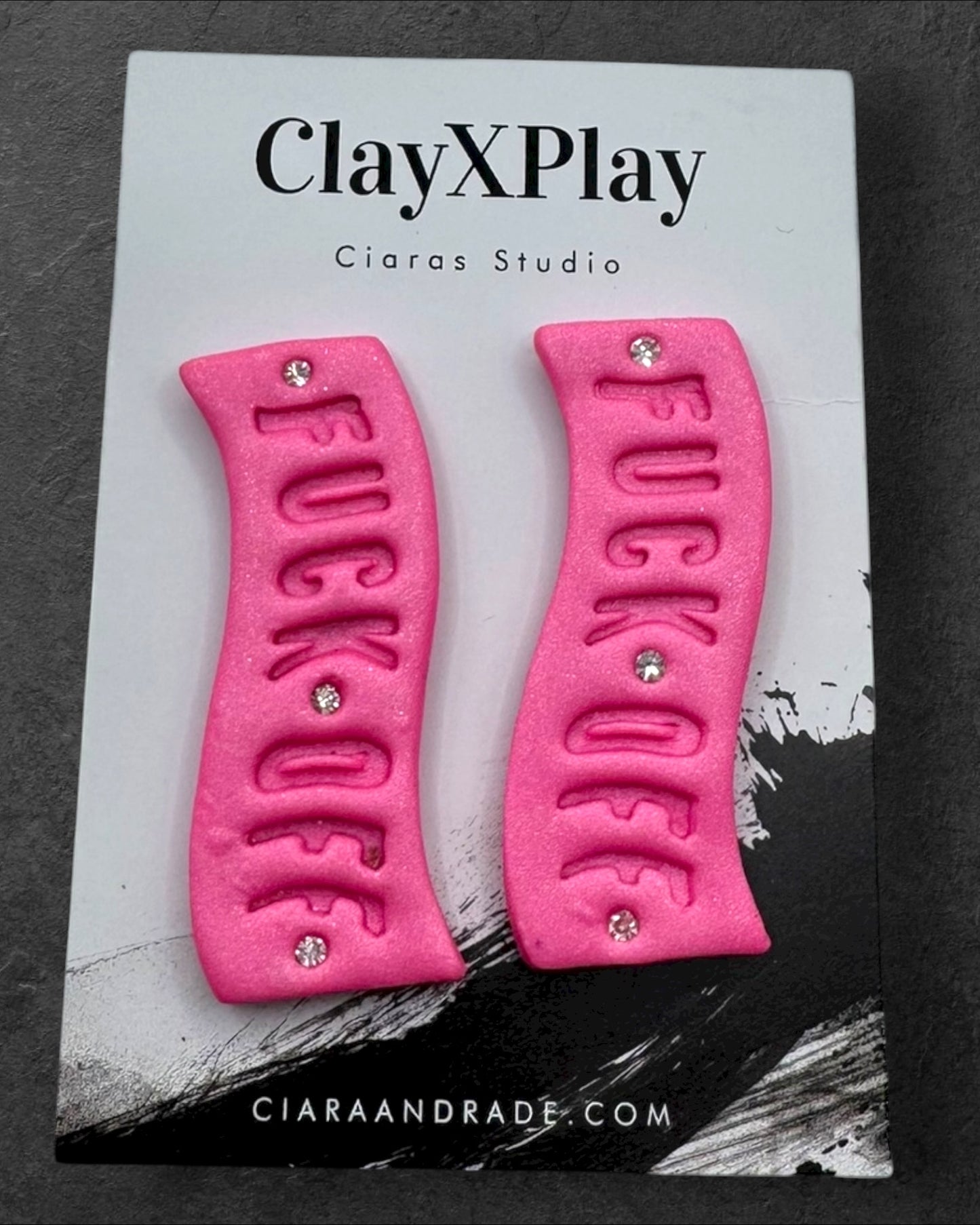 Fuck Off Pink Polymer Clay Curved Stud Earrings – XL Handmade Statement