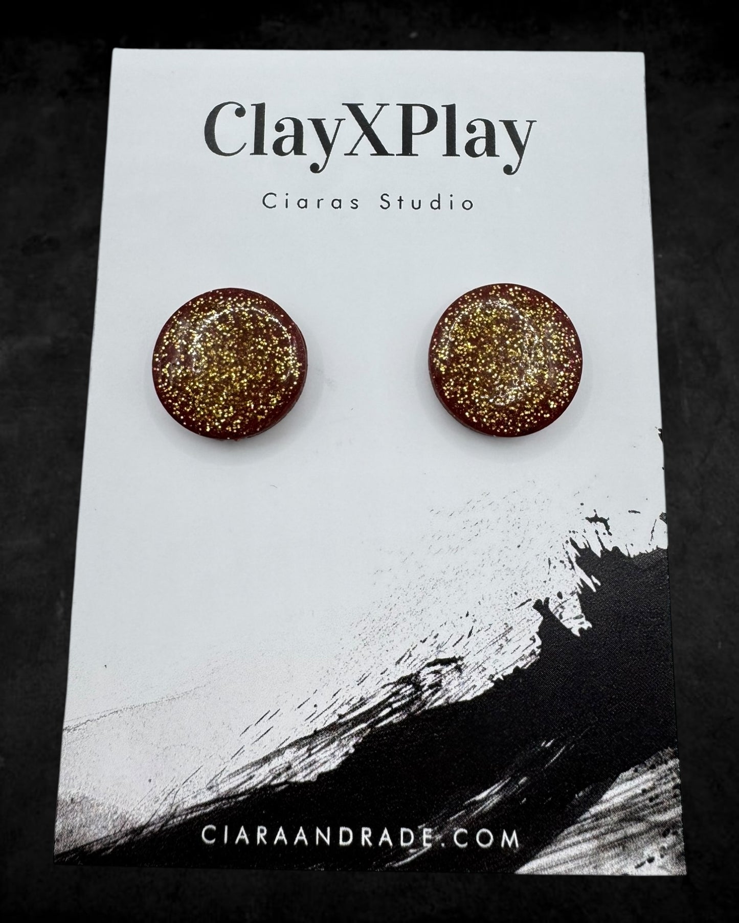 Red Gold Glitter Large Round Polymer Clay Stud Earrings Handmade