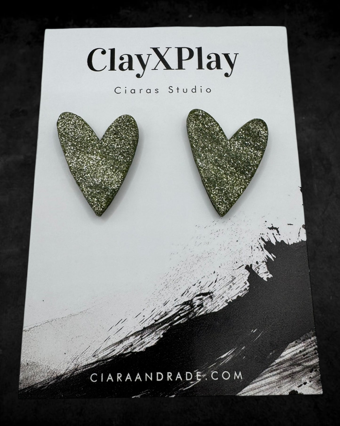 Green Glitter Large Green Polymer Clay Heart Stud Earrings Handmade