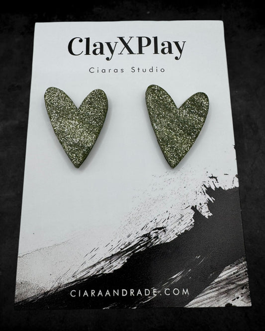 Green Glitter Large Green Polymer Clay Heart Stud Earrings Handmade
