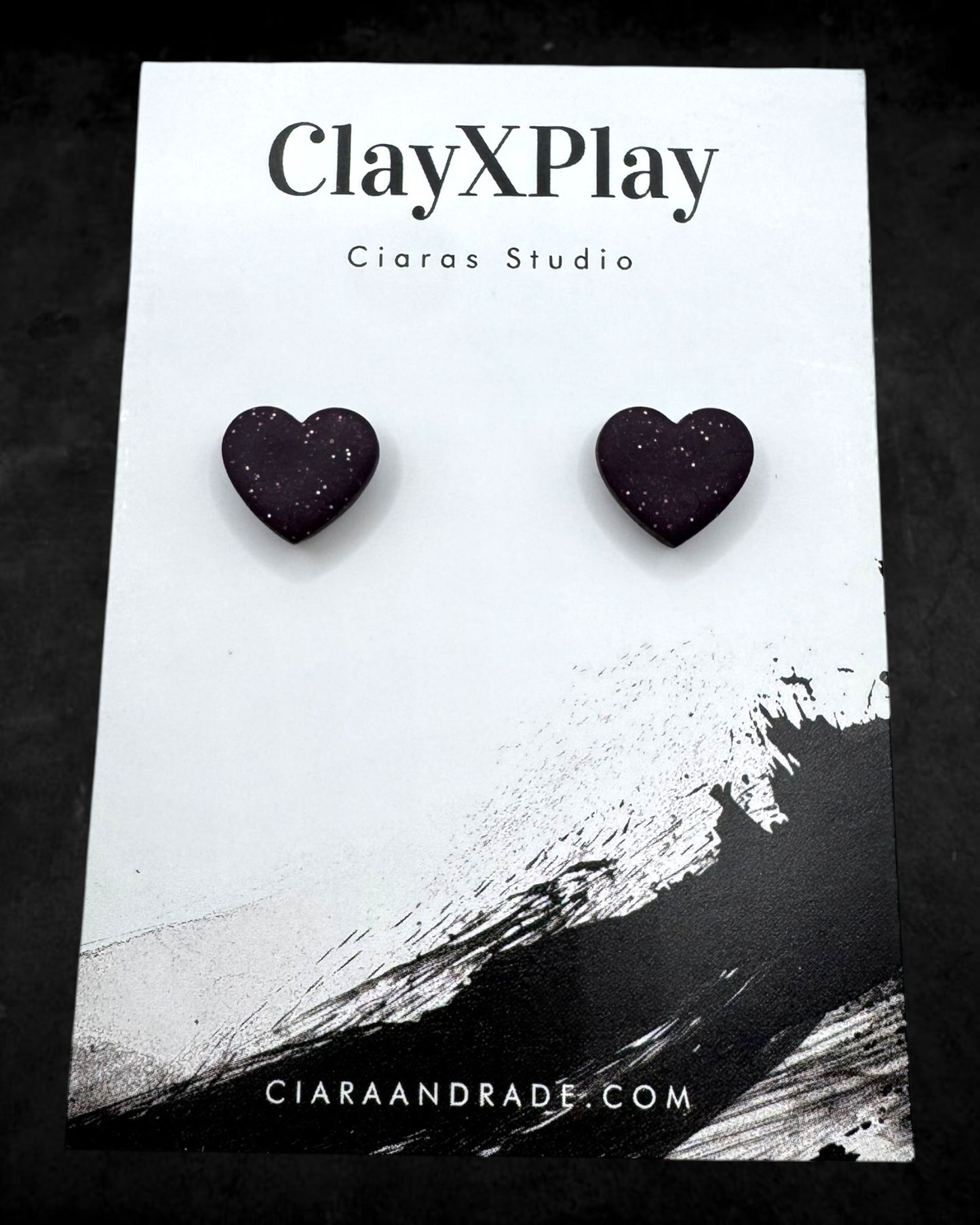 Dark Purple Small Heart Polymer Clay Stud Earrings Handmade