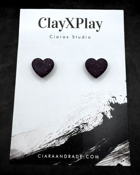 Dark Purple Small Heart Polymer Clay Stud Earrings Handmade