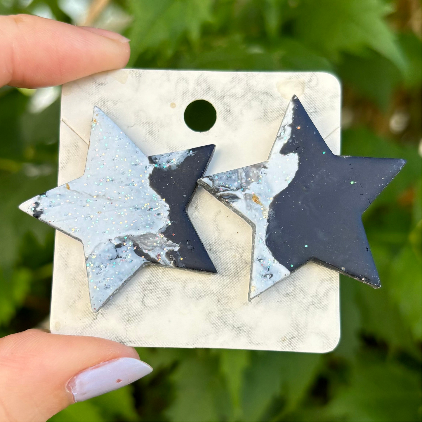 Black & White Marbled Star Polymer Clay XL Stud Earrings Handmade