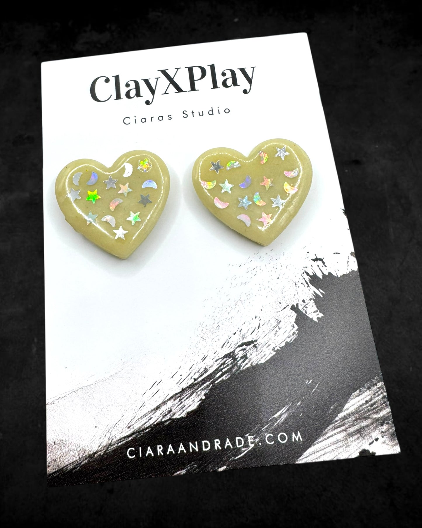 Starry Night Heart Yellow Polymer XL Clay Stud Earrings