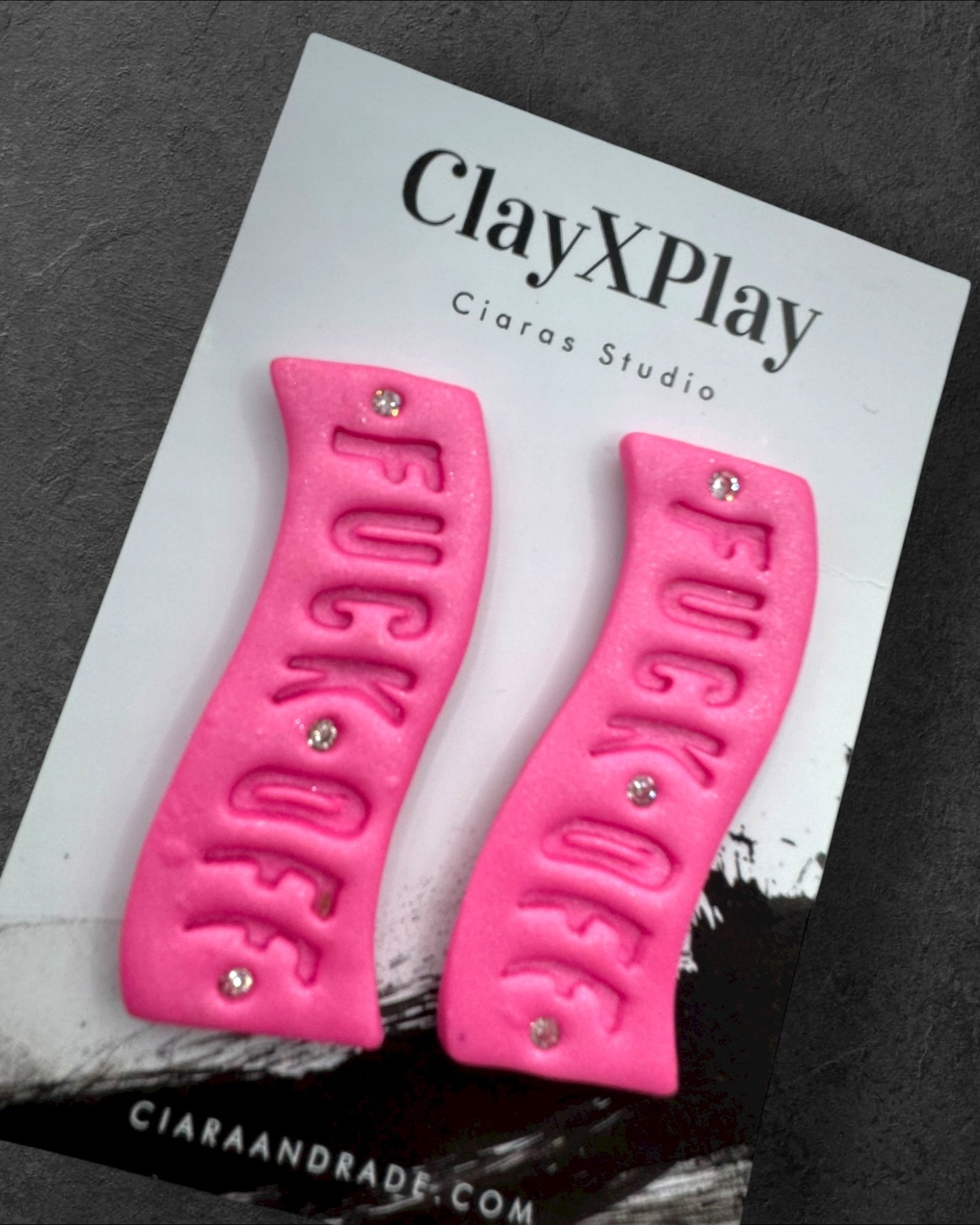 Fuck Off Pink Polymer Clay Curved Stud Earrings – XL Handmade Statement