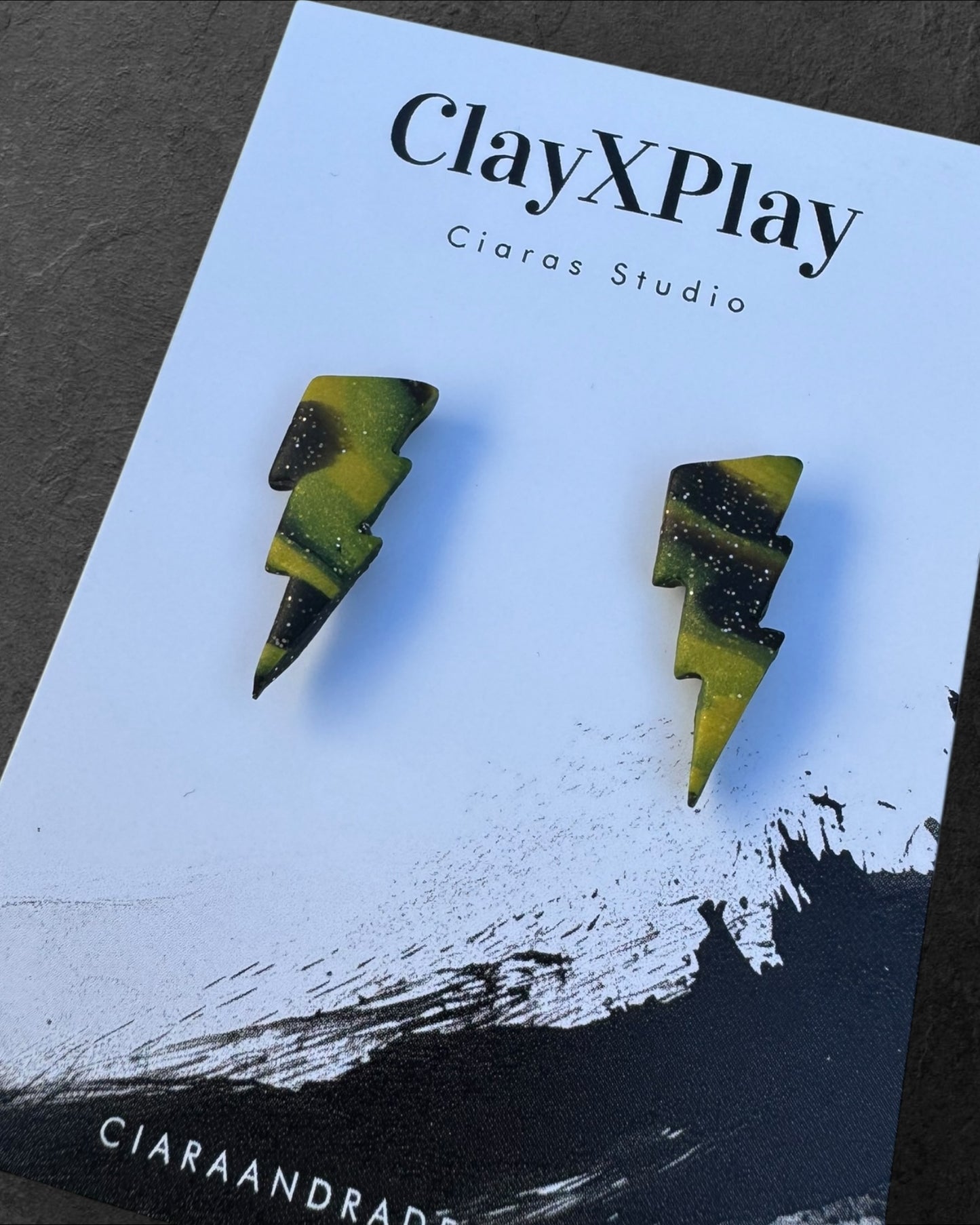 Lightning Bolt Black & Yellow Small Polymer Clay Stud Earrings Handmade