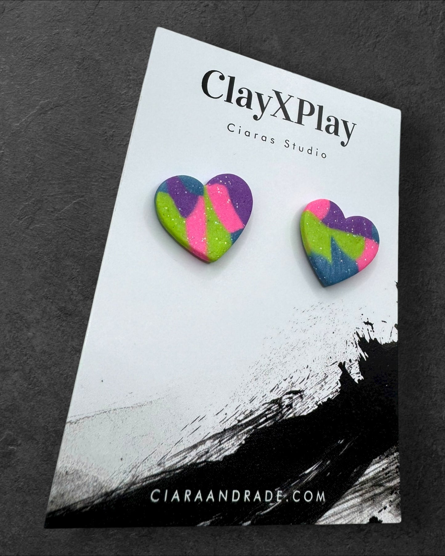 Multi Color‎ Purple Green Blue Heart Clay Stud Earrings Handmade Handcrafted