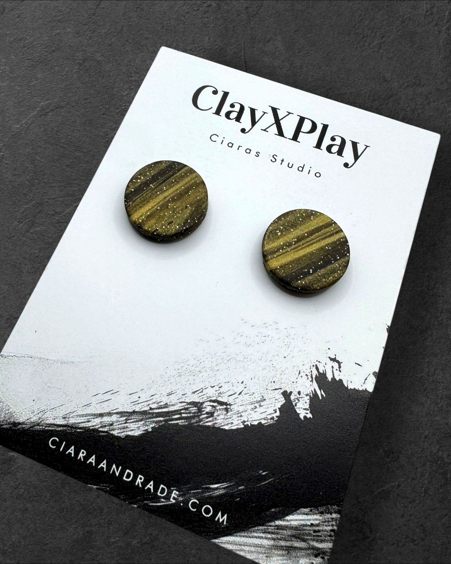 Gold & Black Striped Glitter Medium Polymer Clay Round Stud Earrings