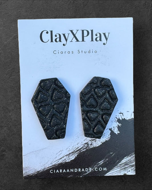 Till Death Do Us Part Black Polymer Clay Heart Coffin Stud Earrings Handmade