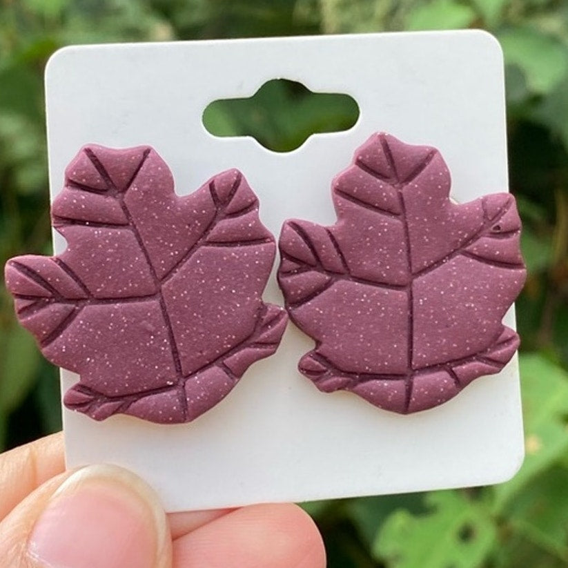 Maroon Polymer Clay Leaf Stud Earrings – XL Handmade