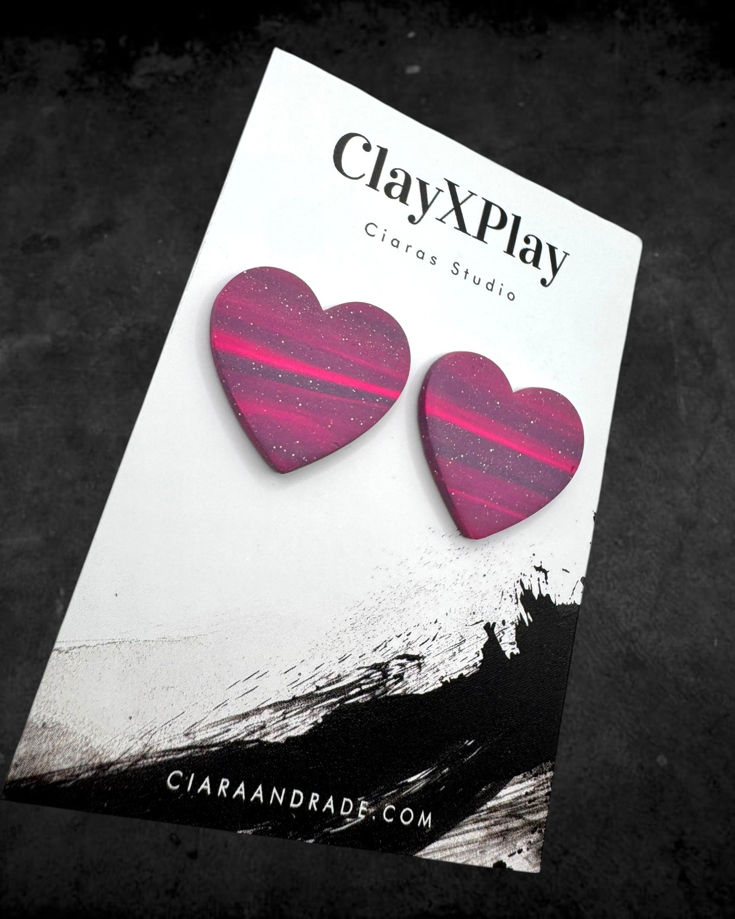 Pink & Purple Polymer Clay Heart Stud Earrings XL Handmade