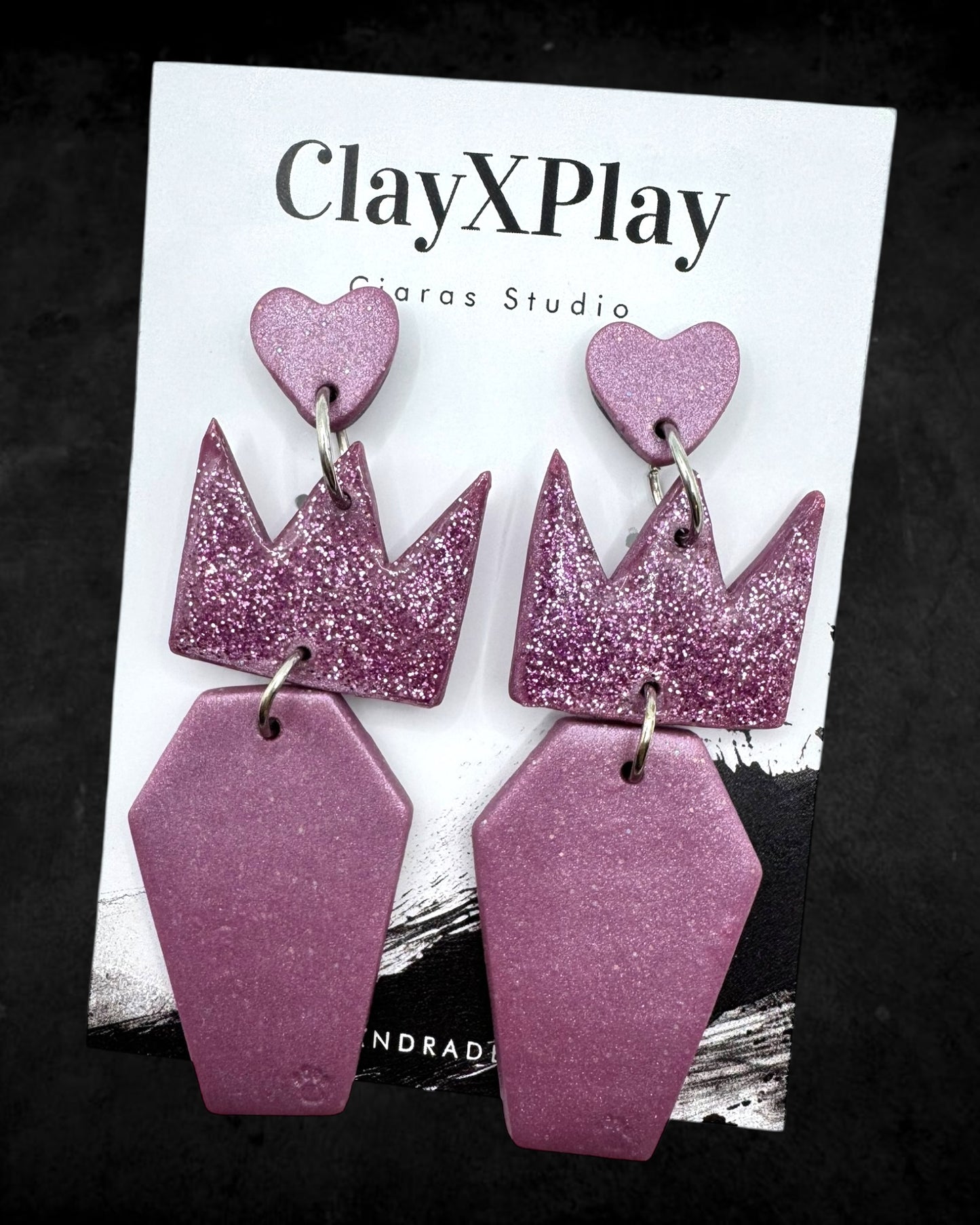 Queen Of The Dead Purple Polymer Clay Heart Coffin Stud Earrings Handmade