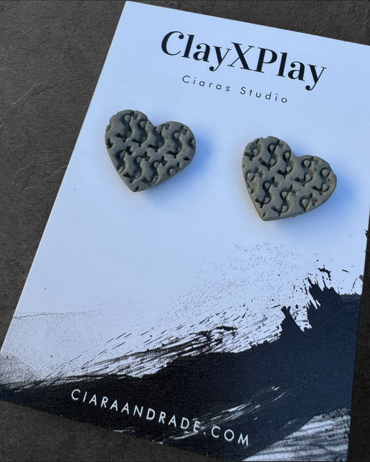 Money Magic Gray Medium Polymer Clay Heart Stud Earrings Handmade