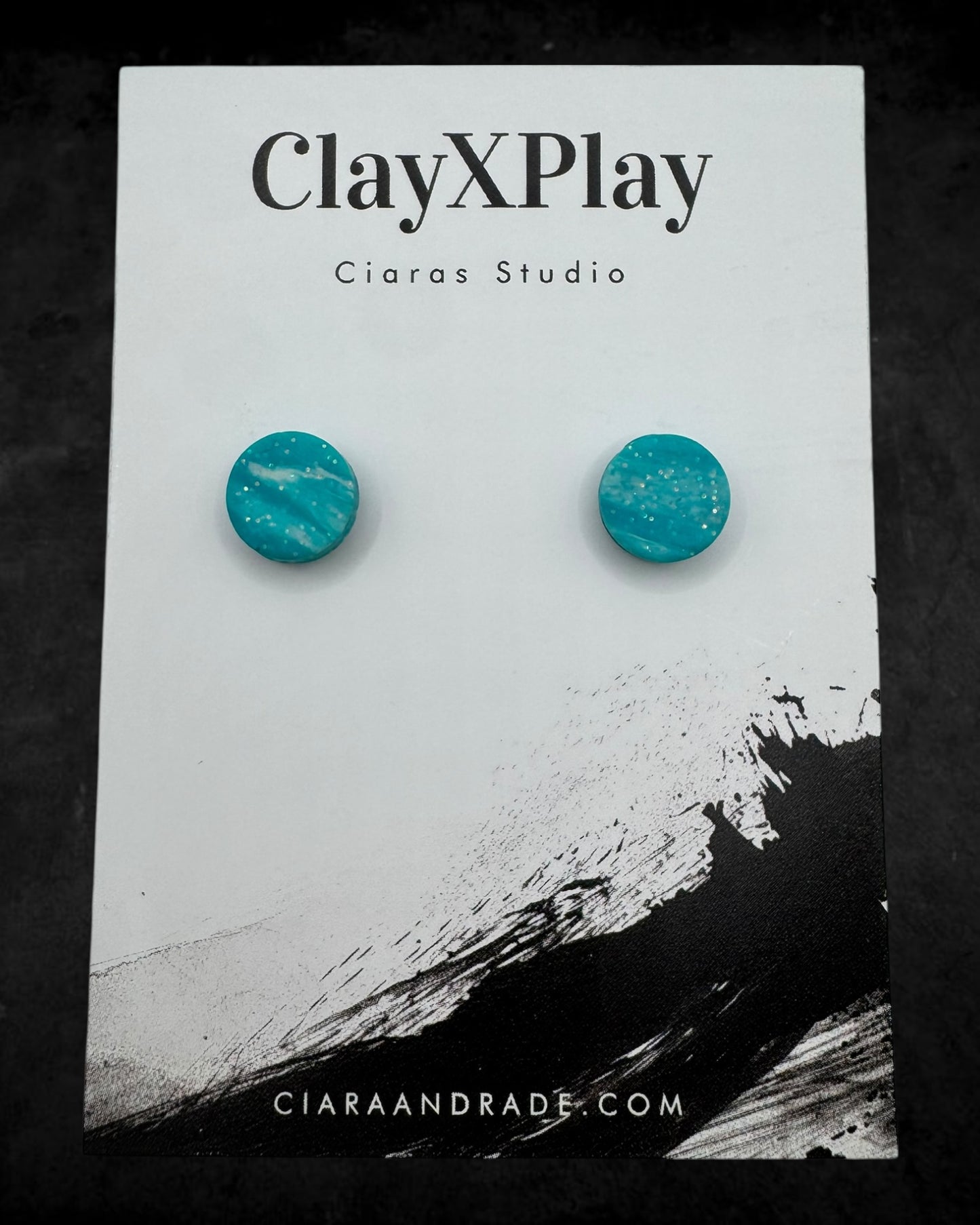 Teal & White Small Round Polymer Clay Stud Earrings Handmade