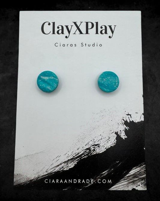 Teal & White Small Round Polymer Clay Stud Earrings Handmade