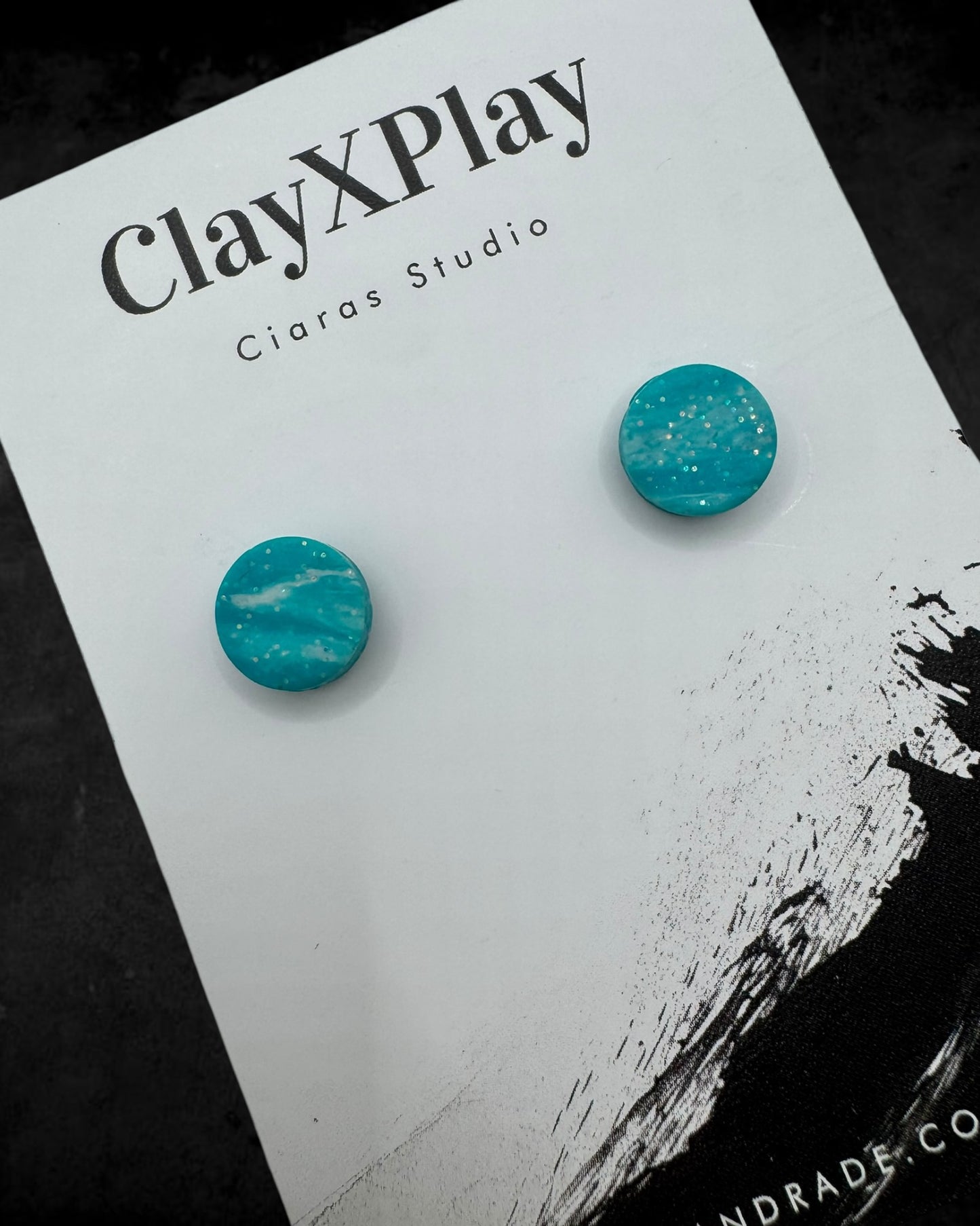Teal & White Small Round Polymer Clay Stud Earrings Handmade