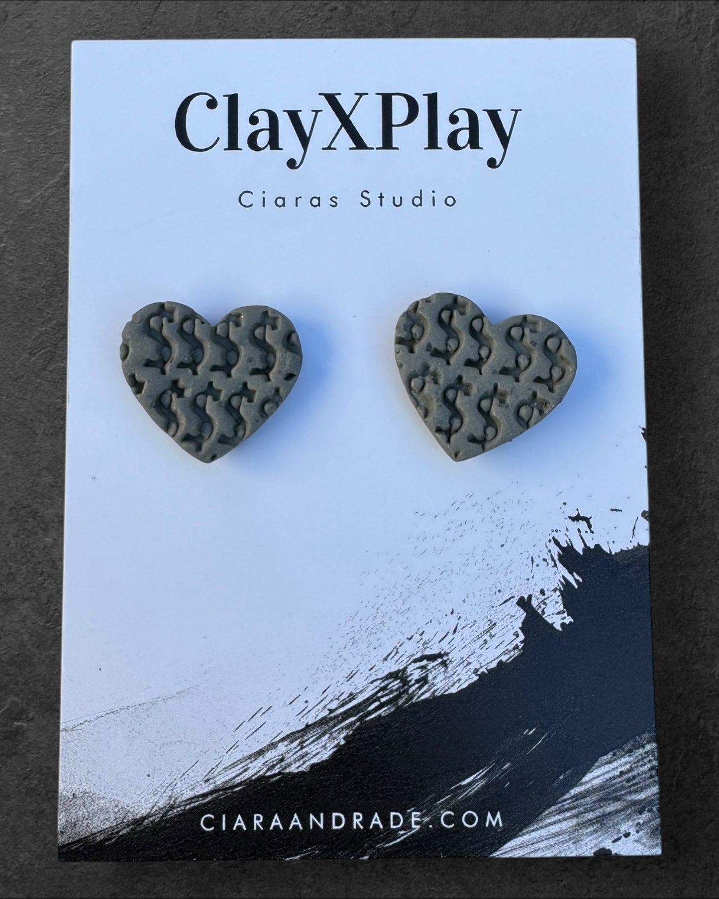 Money Magic Gray Medium Polymer Clay Heart Stud Earrings Handmade