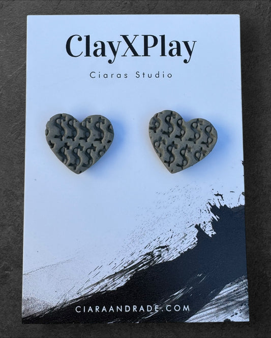 Money Magic Gray Medium Polymer Clay Heart Stud Earrings Handmade