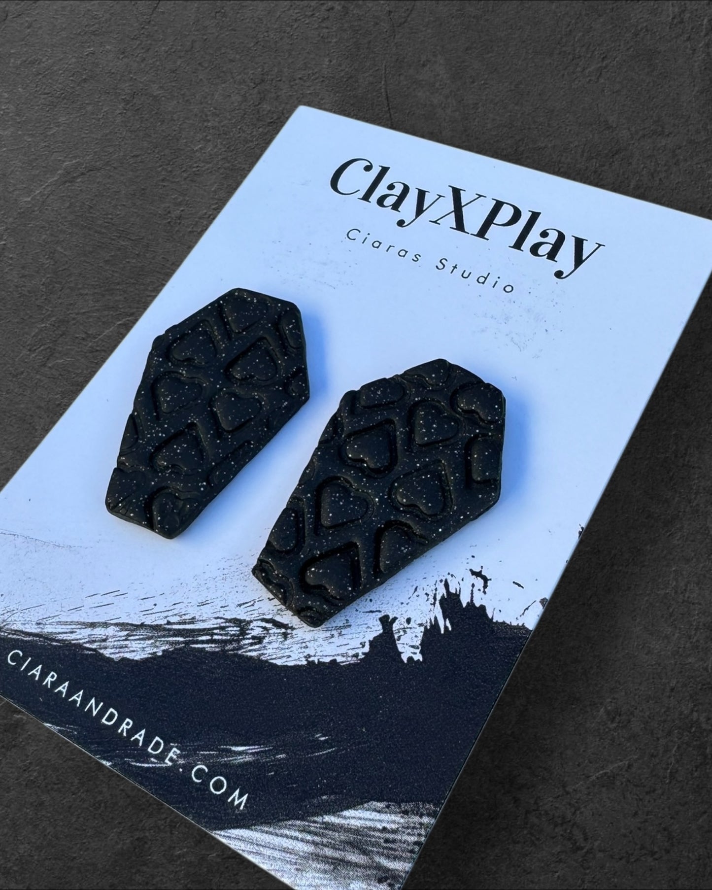 Till Death Do Us Part Black Polymer Clay Heart Coffin Stud Earrings Handmade