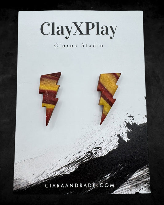 Lightning Bolt Red & Yellow Small Polymer Clay Stud Earrings Handmade